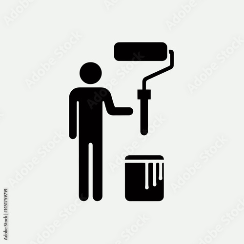  very simple flat and single minimalist Man and Paint Roller Silhouettes in black on a white background 