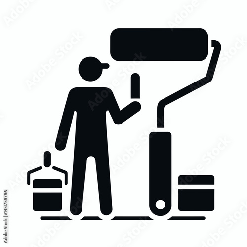  very simple flat and single minimalist Man and Paint Roller Silhouettes in black on a white background 