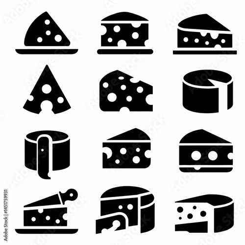  very simple flat and single minimalist Cheese Silhouettes in black on a white background