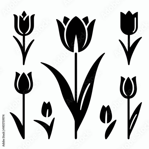  very simple flat and single minimalist Tulip Silhouettes in black on a white background
