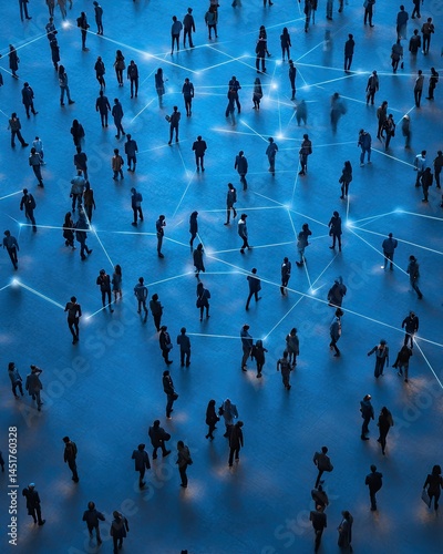 A large group of people, connected by a network of light trails, creating a sense of interconnectedness.  Many people walking in a city, evening atmosphere