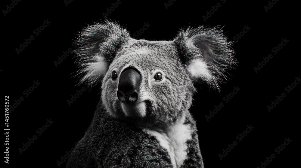 A monochrome portrait of a koala, isolated against a black background, detailed fur A monochrome portrait of a koala, isolated against a black background, detailed fur