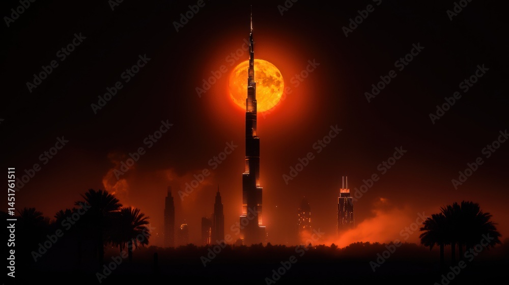 Obraz premium A tall illuminated building standing before a large vibrant sunset