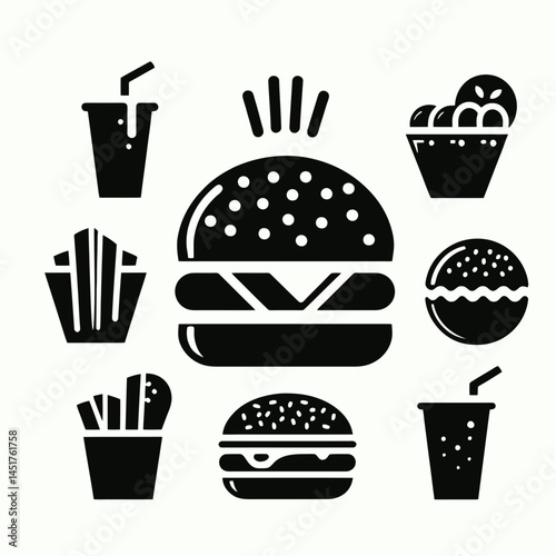  very simple flat and single minimalist Burger Silhouettes in black on a white background