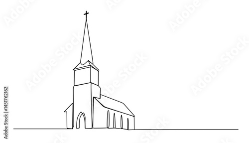 Minimalist line drawing of a traditional church with steeple and arched windows