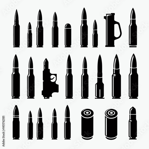  very simple flat and single minimalist Bullet Silhouettes in black on a white background 
