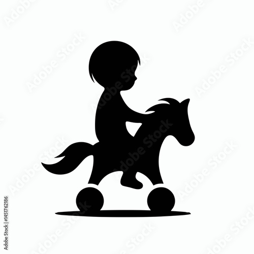  very simple flat and single minimalist Child on a Toy Horse Silhouettes in black on a white background 