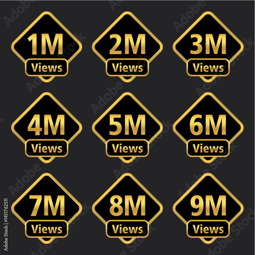Premium 1 Million Views Badge Icon in Gold and Black Design for Social Media, YouTube Achievements, Digital Platforms, Web Milestones, and Online Content Recognition