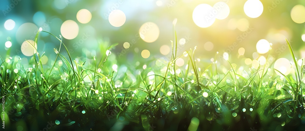 Obraz premium Lush Green Grass with Dew Drops and Glowing Bokeh Background