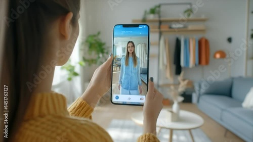 Woman virtually trying on clothes on a phone