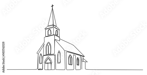 Minimalist line drawing of a traditional church with steeple and arched windows