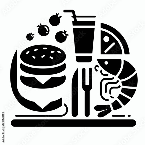  very simple flat and single minimalist Restaurant Cheese  Shrimp Silhouettes in black on a white background