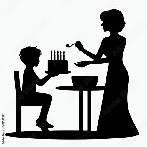  very simple flat and single minimalist Parent Giving Cake to The Child Silhouettes in black on a white background