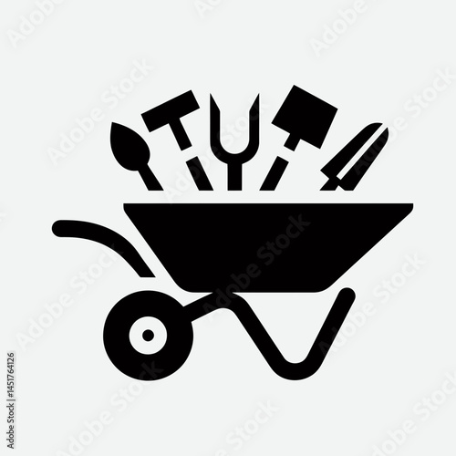  very simple flat and single minimalist Wheelbarrow Silhouettes in black on a white background 