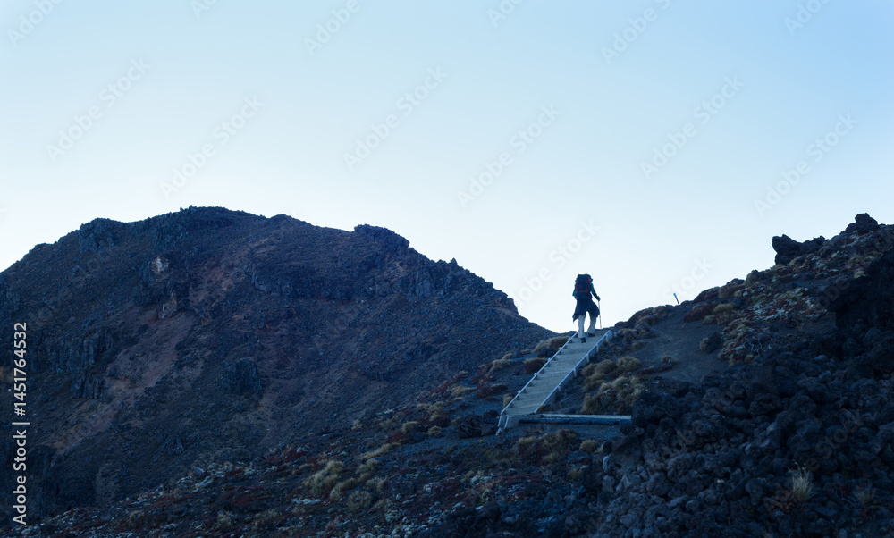 Man walking on steep boardwalk steps among volcanic rock scree at Tongariro Alpine crossing. Tongariro National Park. New Zealand.