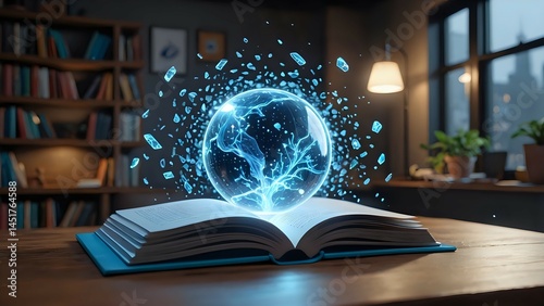 Glowing Orb Emerging from Open Book, Knowledge, Magic, Library