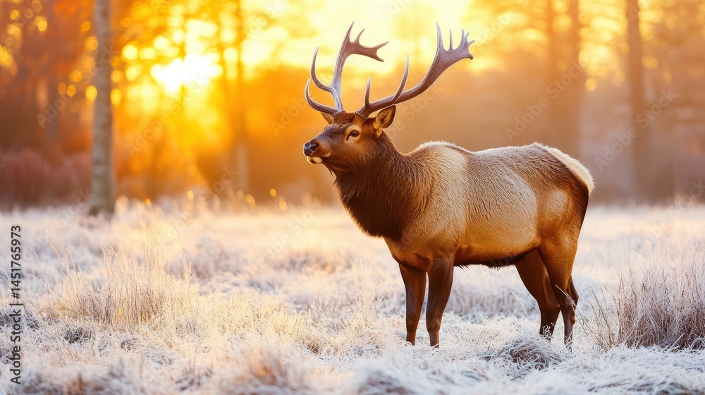 A striking scene of a majestic elk standing in a frosty meadow at sunrise. A striking scene of a majestic elk standing in a frosty meadow at sunrise.