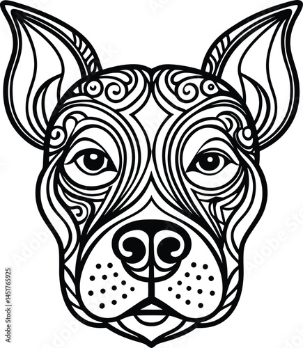 A black vector illustration shows a tribal dog head design, an animal face like a wild cat