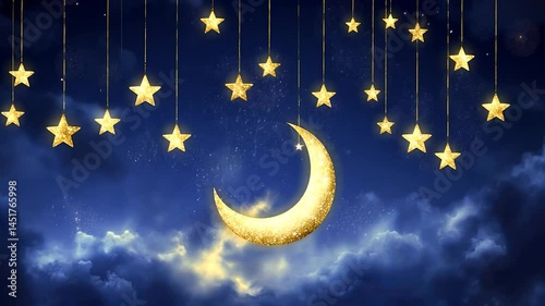 Sparkling night sky with golden stars and crescent moon