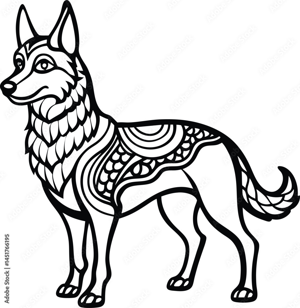 Fototapeta premium Black and white vector illustration of a dog silhouette, an isolated mammal animal