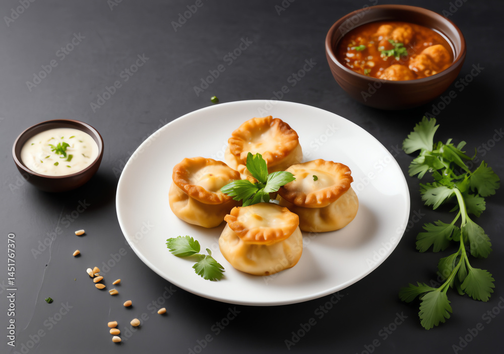 Delicious serving of tasty panner momo in white plate. Cinematic high definition food photo of Indian dish