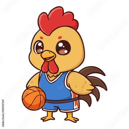 cute icon character of a rooster playing basketball.