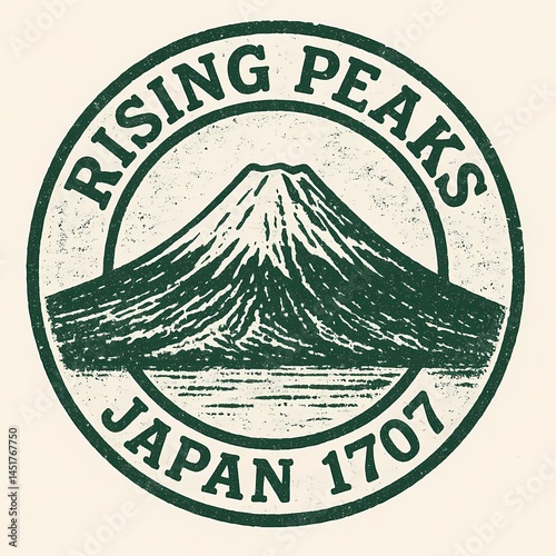 Rising Peaks Japan Mount Fuji Vintage Travel Stamp Design Green