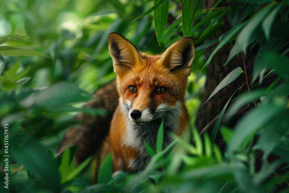Naklejka premium A fox stands still in the forest, alert and serene. Surrounded by dense foliage, its amber eyes reflect curiosity and instinct. Nature elegance meets wild awareness.