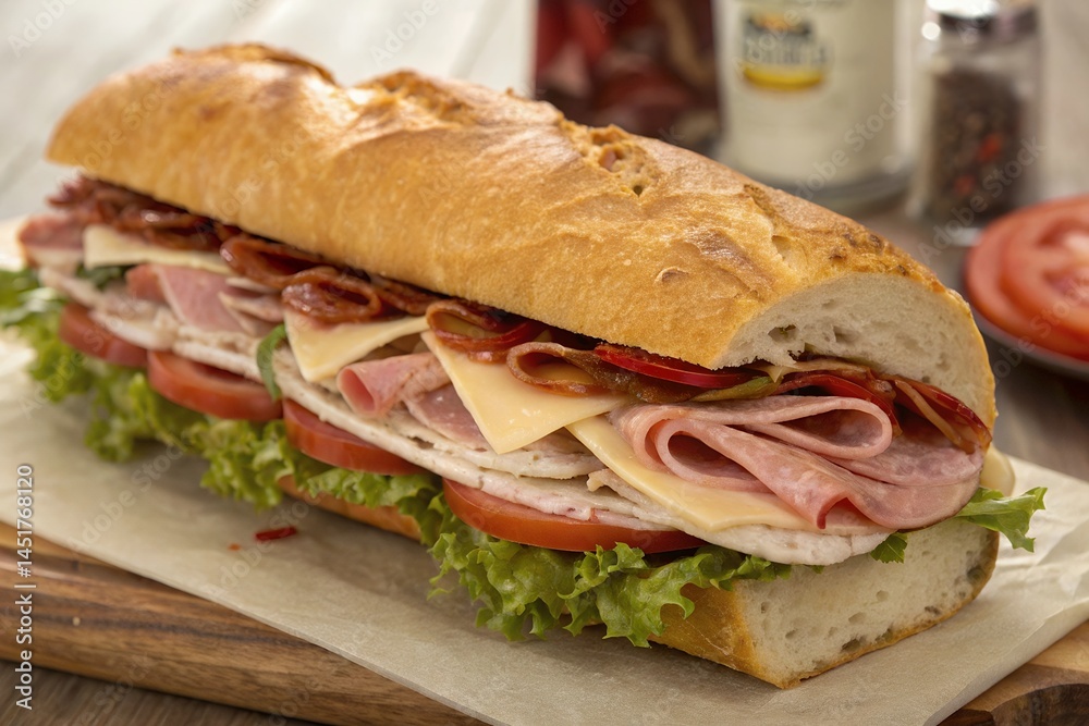 Obraz premium Delicious Toasted Sub Sandwich with Deli Meats and Cheeses