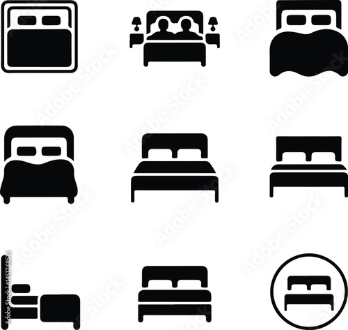 Double Bed Silhouette Set | Furniture Icon Pack for Interior Design Modern Bed Icon Silhouettes | Bedroom, Sleep, and Hotel Symbols