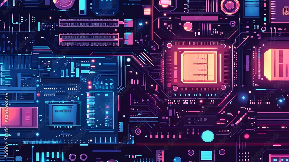 Fototapeta premium Neon Motherboard Circuitry Closeup.