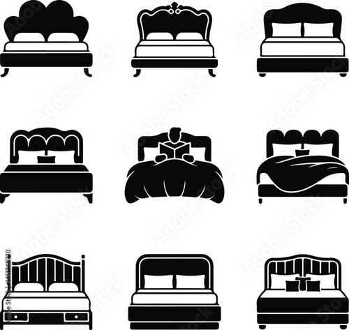 Double Bed Silhouette Set | Furniture Icon Pack for Interior Design Modern Bed Icon Silhouettes | Bedroom, Sleep, and Hotel Symbols