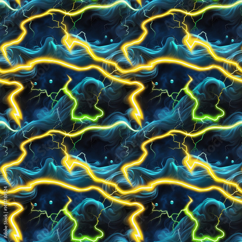 Electric Blue and Yellow Lightning - magic of nature energy waves seamless background with fog and lightning on deep dark blue background for gaming interfaces, presentations, futuristic designs