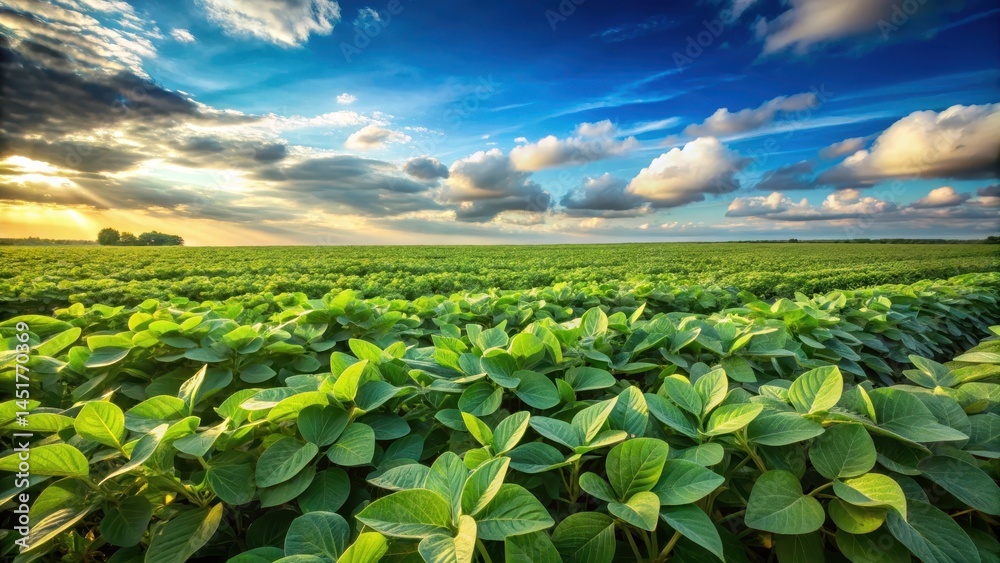 Soybean plants growing in a lush green field under a clear blue sky with a few white clouds , countryside Soybean plants growing in a lush green field under a clear blue sky with a few white clouds , countryside