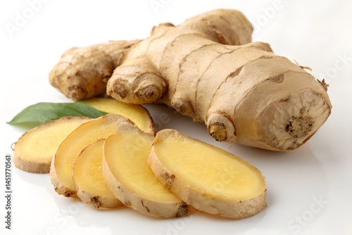 Fresh ginger root with sliced pieces on white. Close-up of raw ginger root with several fresh slices arranged neatly, ideal for culinary, health, or herbal remedy concepts photo