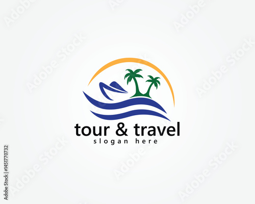 creative tour and travel logo water waves and palm trees with speedboat abstract logo design template