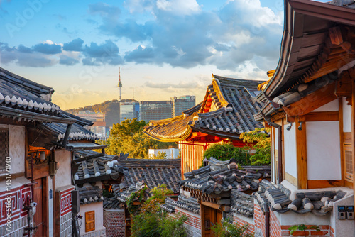sunset at Bukchon Hanok Village seoul south korea photo