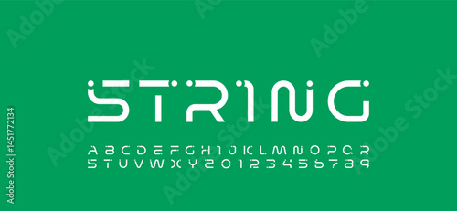 Technology science font, digital cyber alphabet with dots, uppercase letters A, B, C, D, E, F, G, H, I, J, K, L, M, N, O, P, Q, R, S, T, U, V, W, X, Y, Z and numerals 0, 1, 2, 3, 4, 5, 6, 7, 8, 9 spac