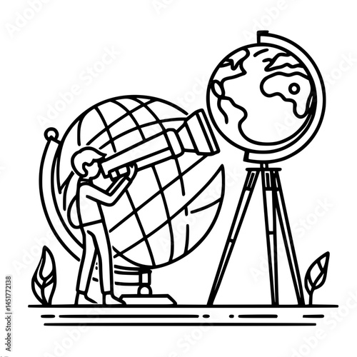 Person examining globe with telescope against line art background , single line outline vector 