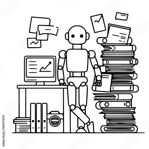 Robot standing near stack of documents and computer in office, vector outline of one line