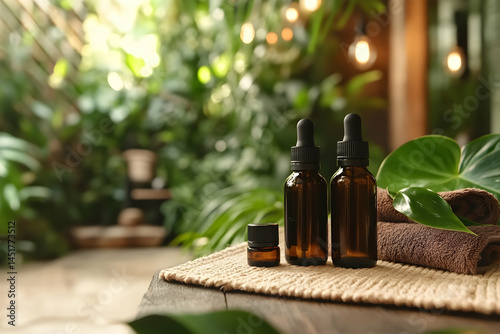 Botanical Background Image Featuring Amber Glass Bottles and Tropical Greenery