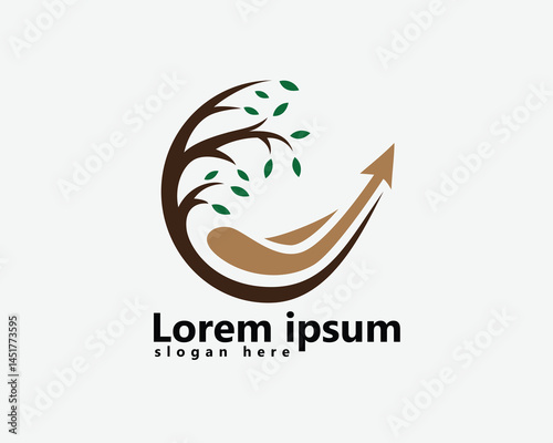 reforestation, go green, logo, bare hills with arrows in circular trees logo design template