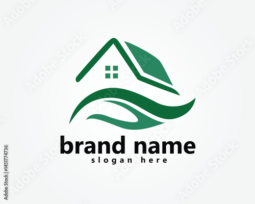 creative green house logo house with abstract leaves below, logo design template