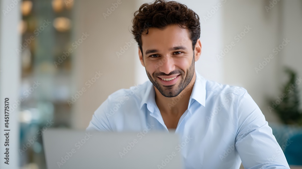 Obraz premium Smiling Man Working on Laptop in Bright Office