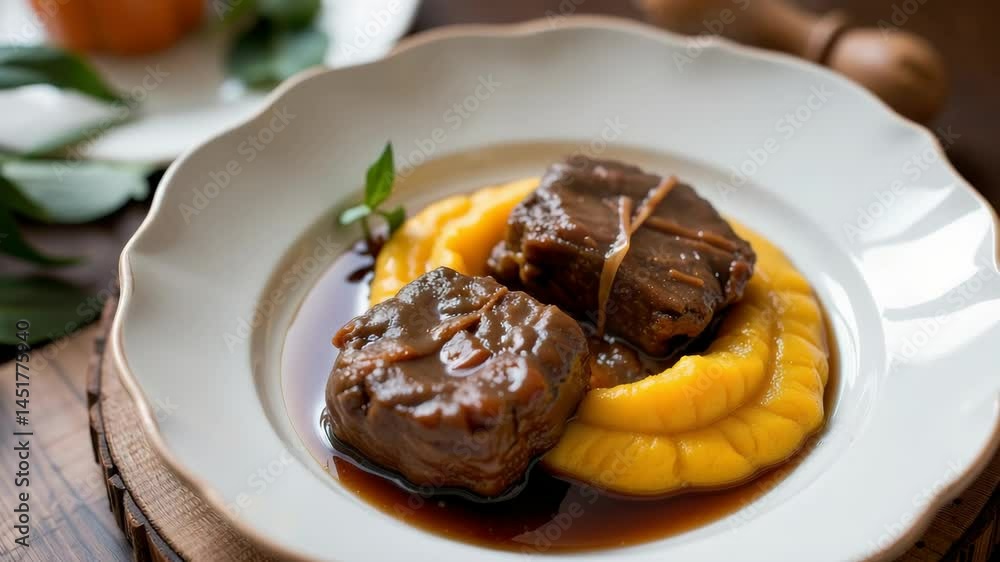 dreamy creamy beige slow cooked beef cheeks with pumpkin puree served in asymmetrical fine porcelain, rustic chic fusion d?cor, Generative AI.