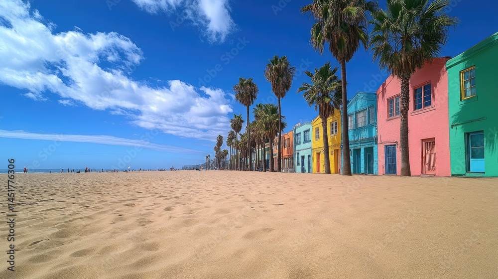 Fototapeta premium Colorful beach houses line a sandy shore. Palm trees stand guard