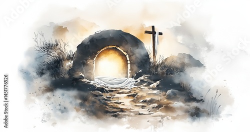 Empty Tomb of Jesus Christ – Easter Watercolor Illustration. New Testament.