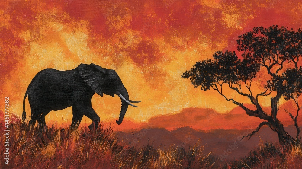 Fototapeta premium A stunning illustration capturing the majestic silhouette of an African elephant against a vibrant sunset, highlighting its grandeur and the warm hues of the evening sky.
