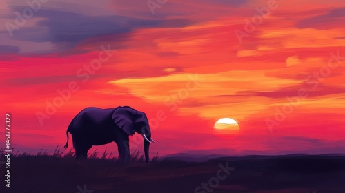 A stunning illustration capturing the majestic silhouette of an African elephant against a vibrant sunset, highlighting its grandeur and the warm hues of the evening sky. photo