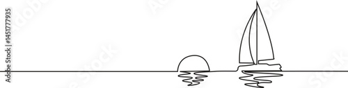 Continuous One line drawing of sunset and boat isolated on white background, vector illustration.